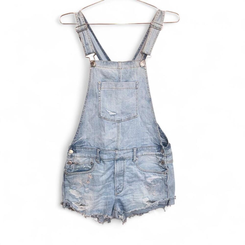 American Eagle Light Denim Overall Mini Shorts Floral Embroidery Boho Fairy S